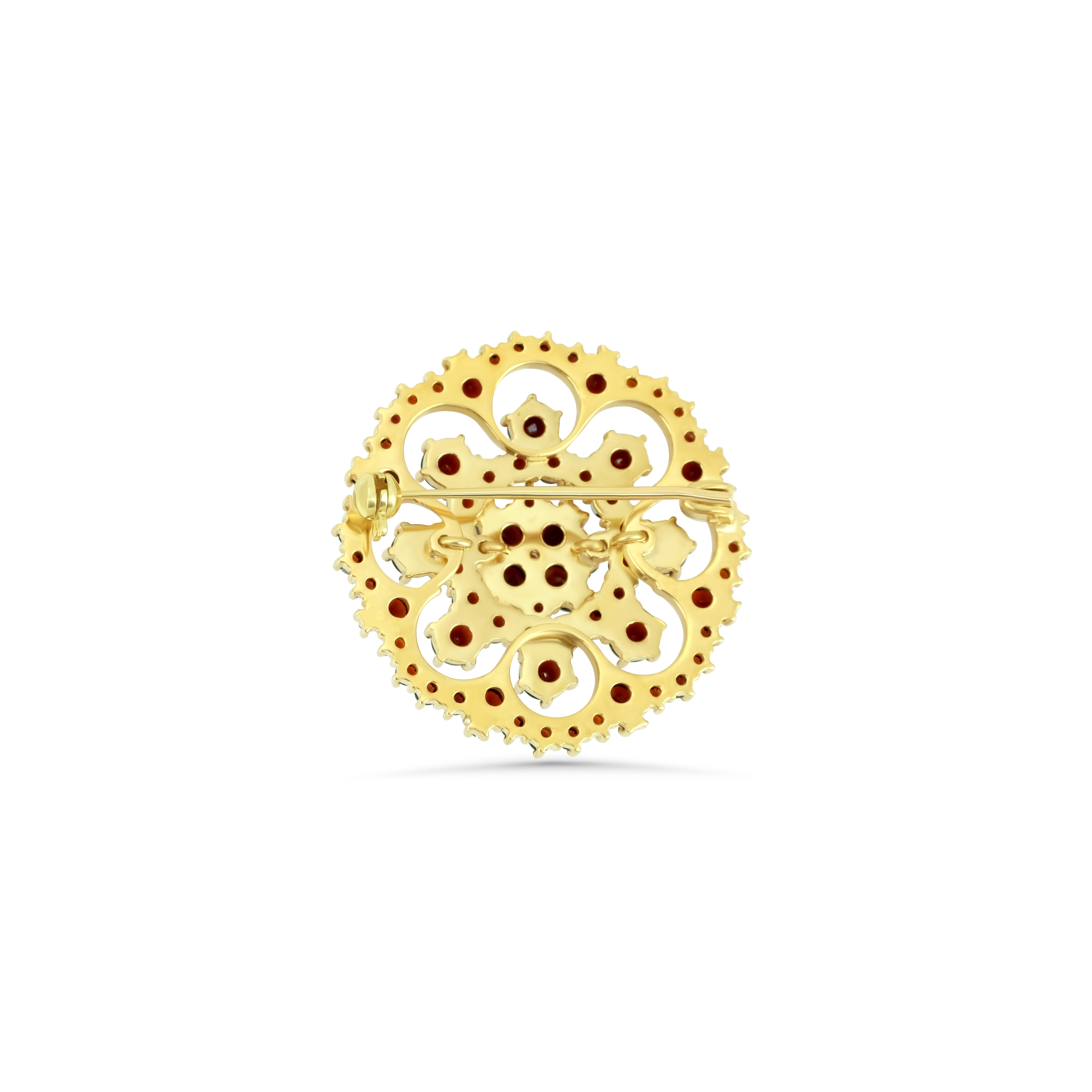 Böhmische Granat Brosche 375 Gelbgold 9,8 g mit 72 Granaten – rund Ø 31 mm