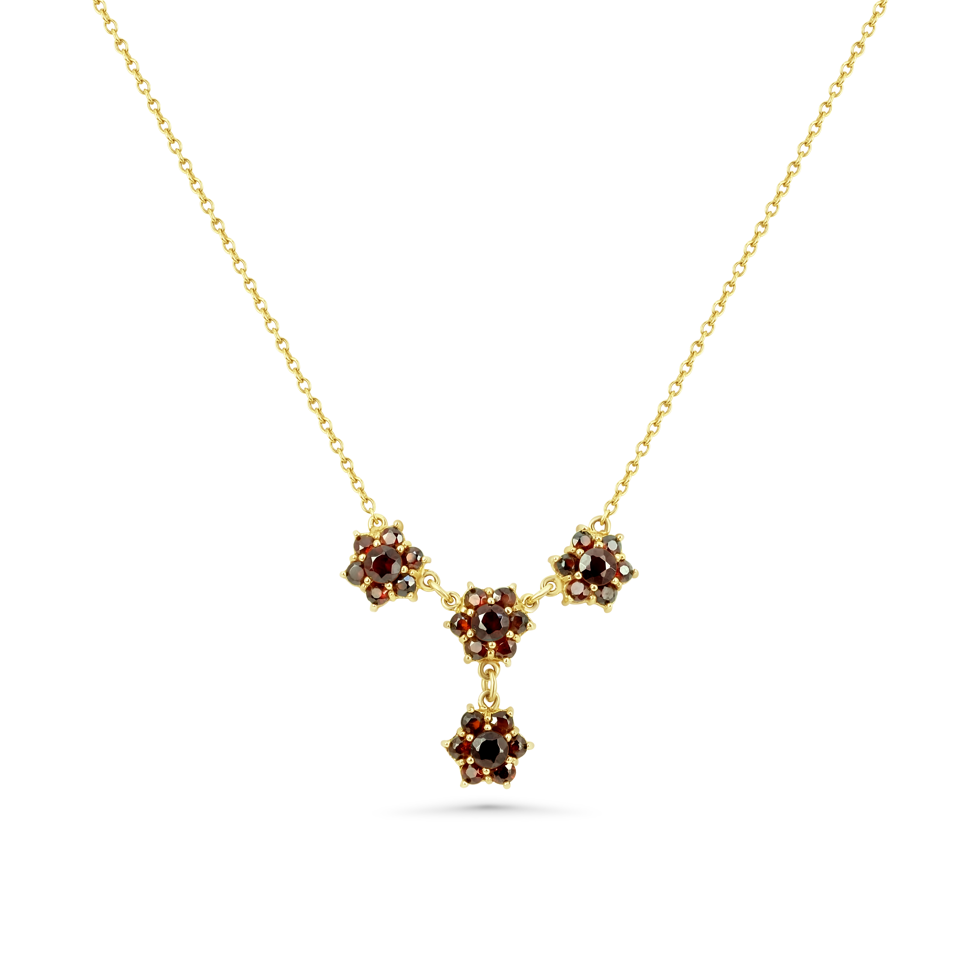 Böhmisches Granat Collier 585 Gelbgold 6,95 g mit 28 Granaten – Blüten-Anhänger