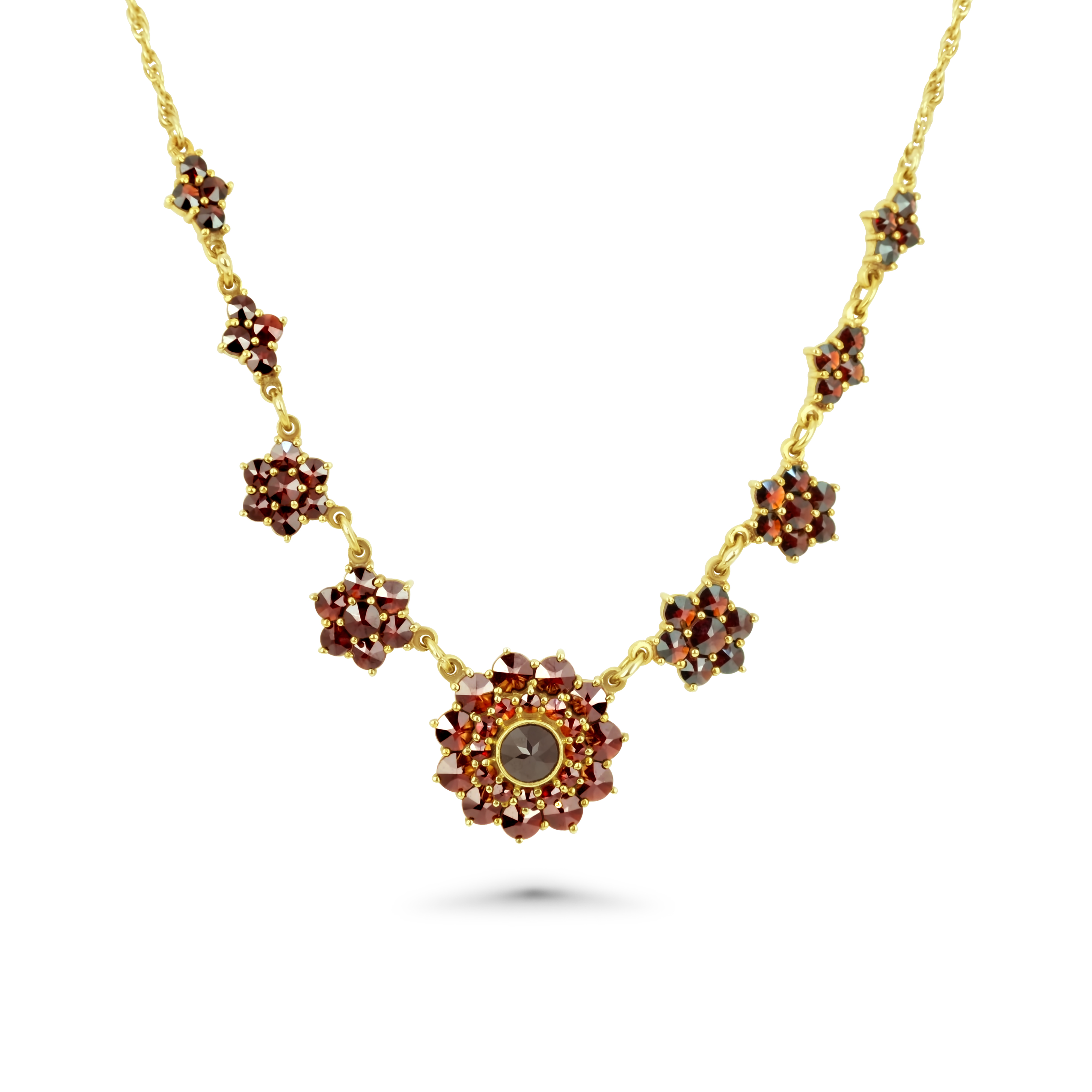 Böhmisches Granat Collier 585 Gelbgold 14,4 g mit 68 Granaten – Blütendesign