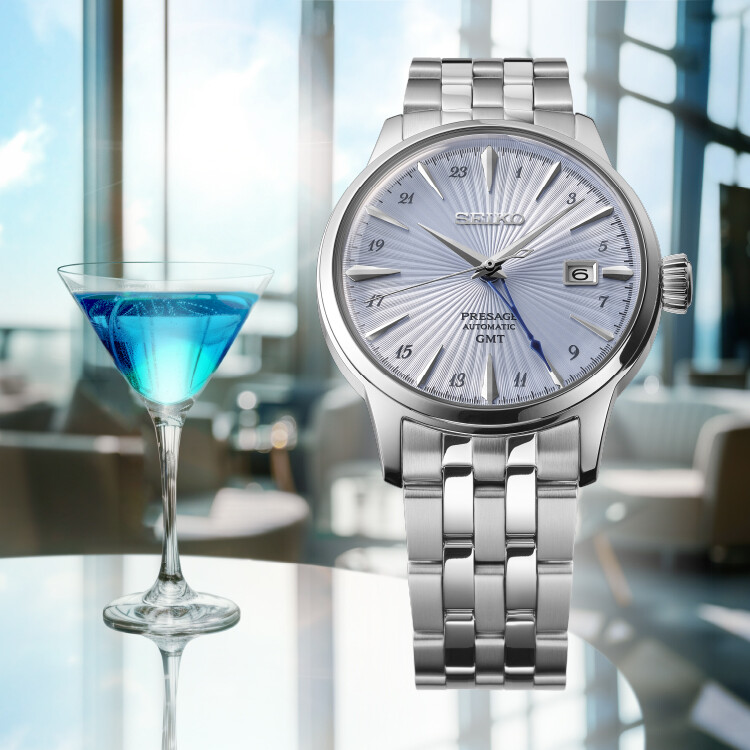PRESAGE Cocktail Time Automatik GMT 40,5mm - 3 Zeiger - Hellblau - Skydiving 
