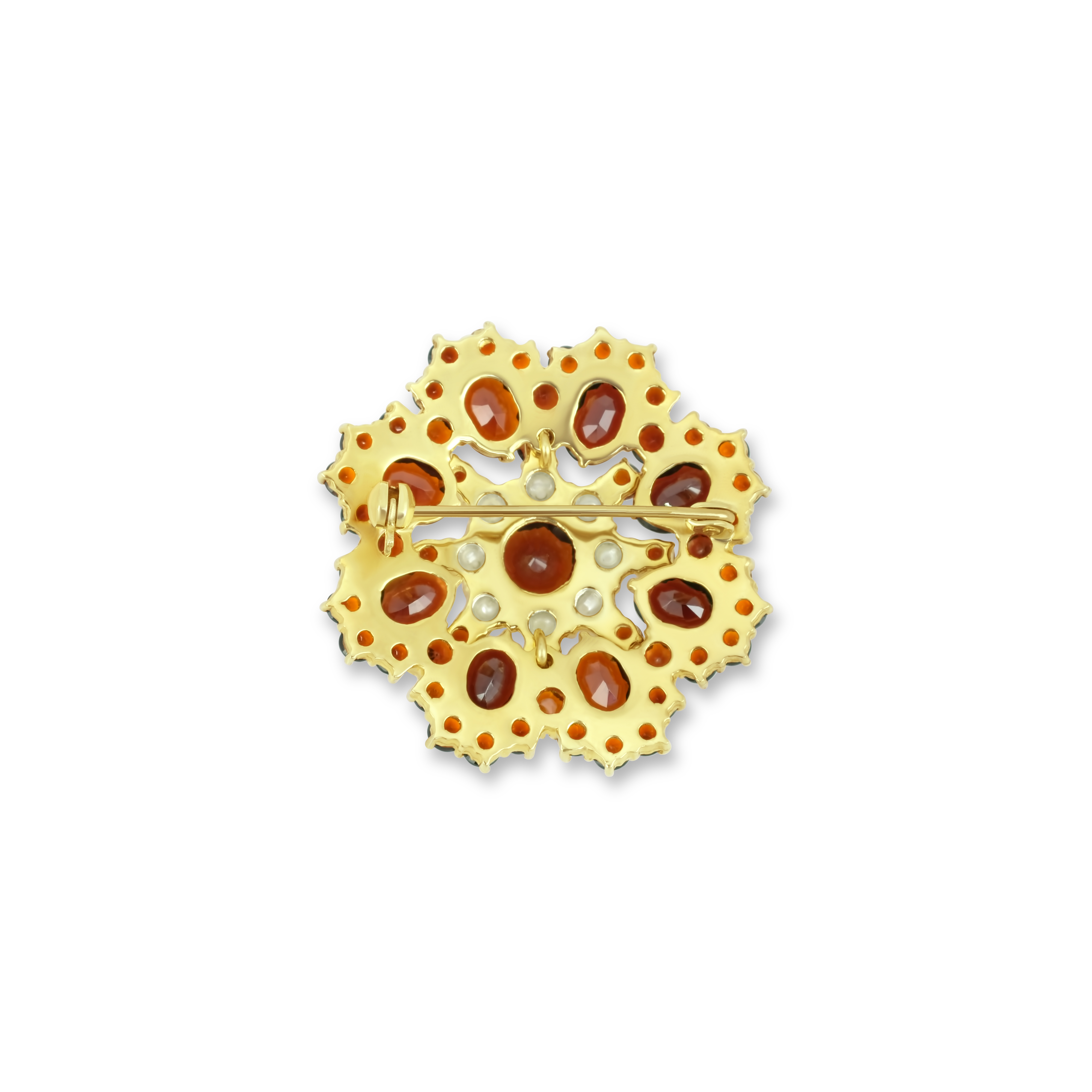 Böhmische Granat Brosche mit Perlen 585 Gelbgold 12,5 g – 57 Granate & 8 Süßwasserzuchtperlen – Ø 35 mm