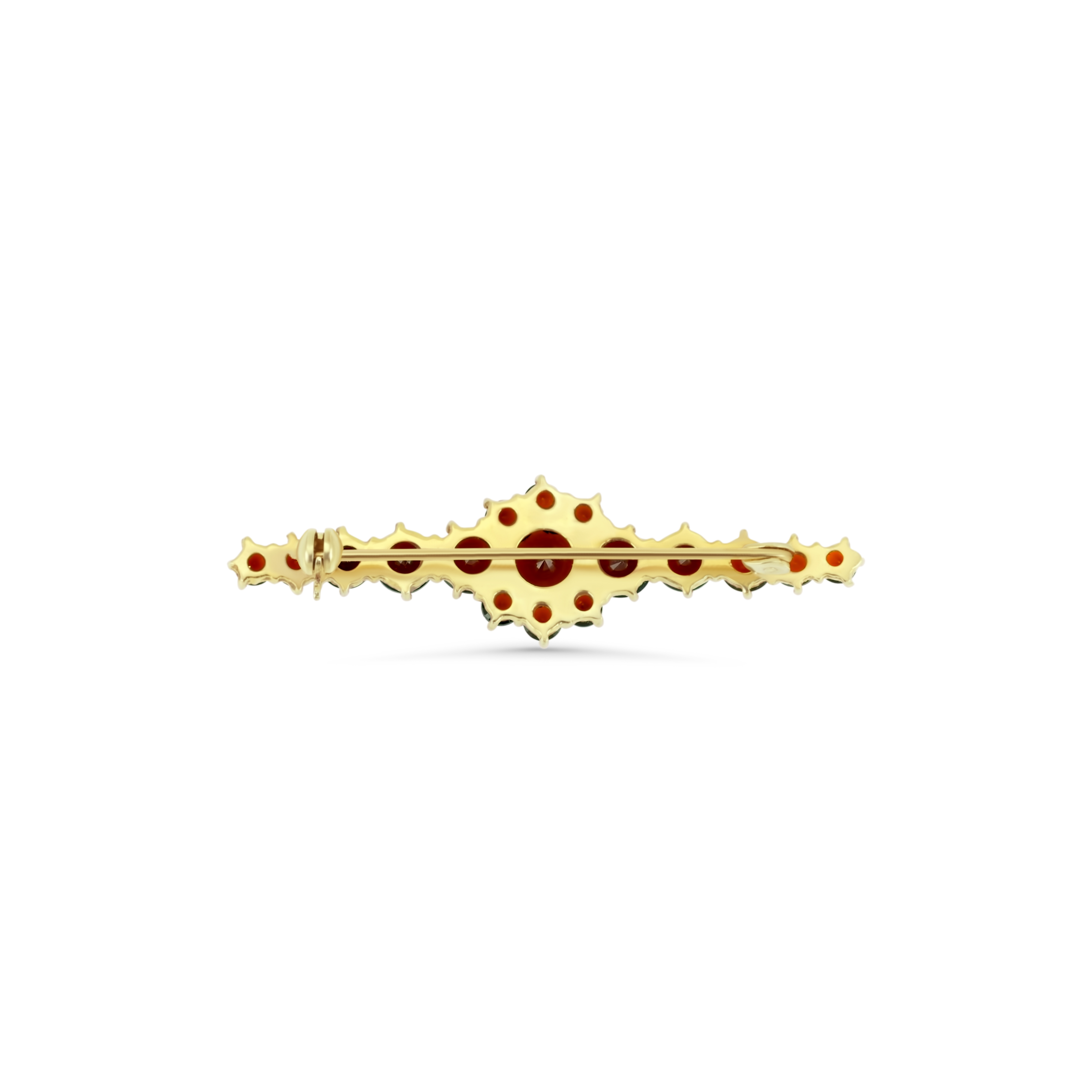 Böhmische Granat Stabbrosche 585 Gelbgold 4,75 g mit 17 Granaten – Länge 47 mm