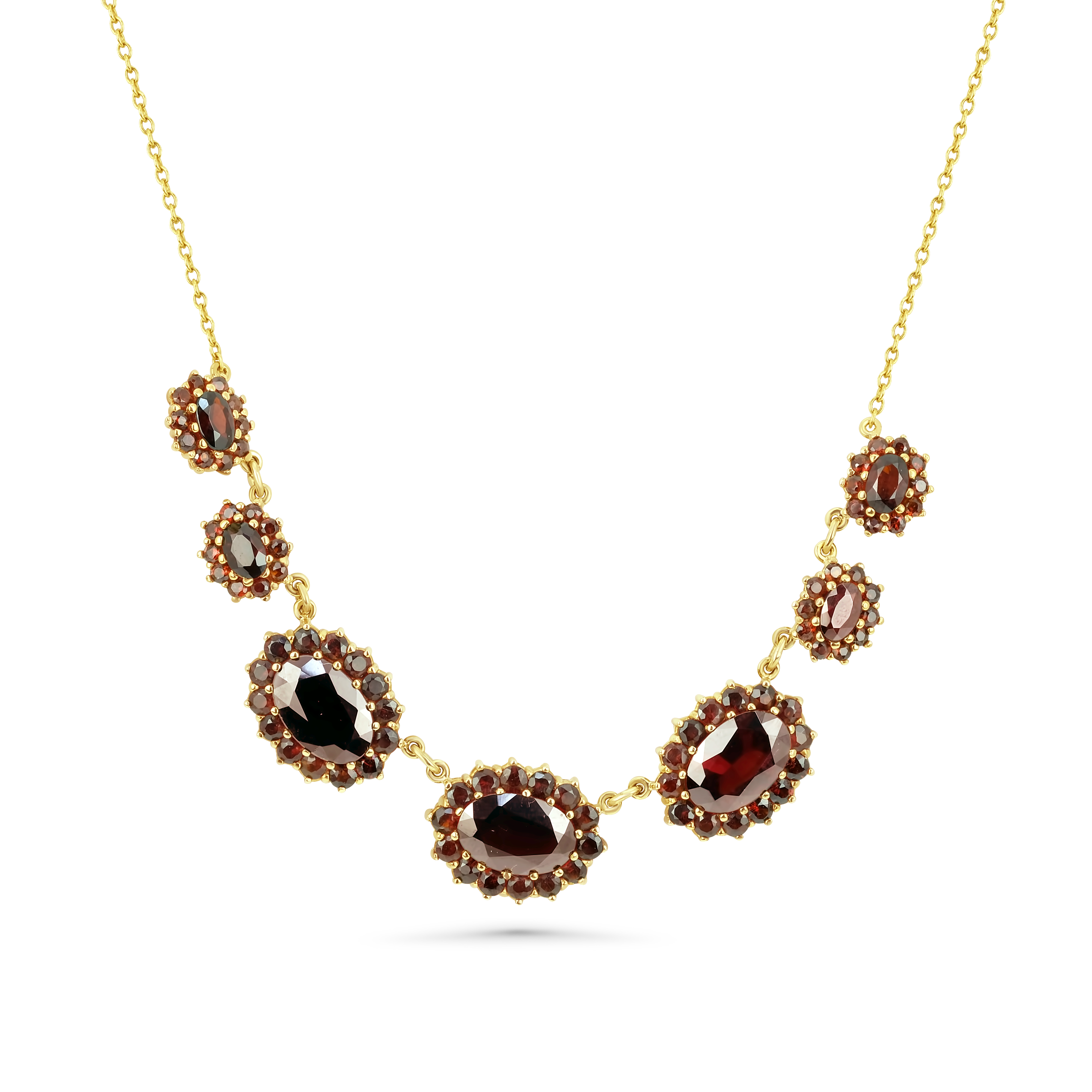 Böhmisches Granat Collier 585 Gelbgold 18,5 g mit 89 Granaten – 3 Hauptsteine 12 x 8 mm