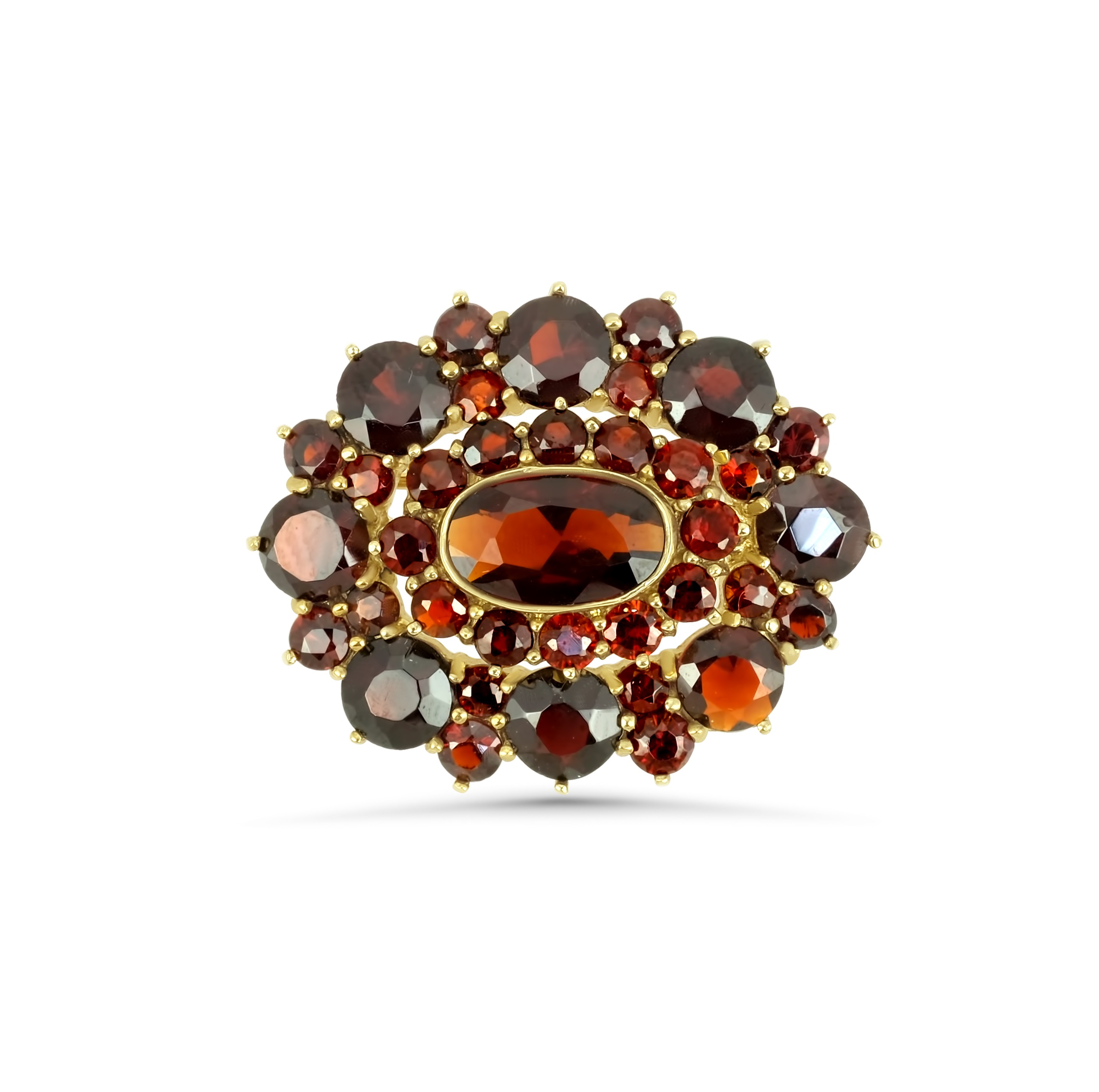 Böhmische Granat Brosche 333 Gelbgold 6,9 g mit 37 Granaten – Mittelstein 10 x 6 mm