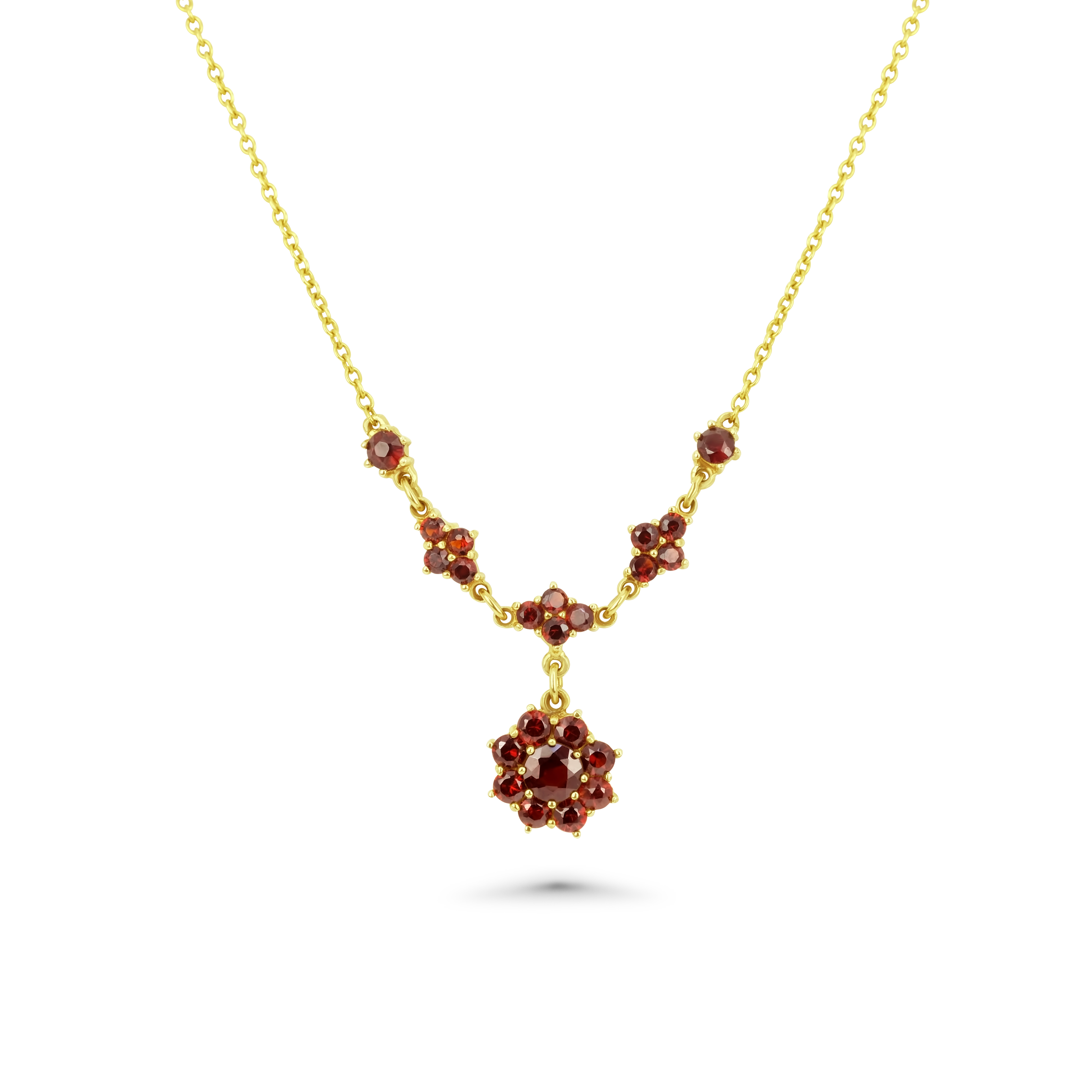 Böhmisches Granat Collier 585 Gelbgold 6,7 g mit 23 Granaten – Granatblüte als Anhänger