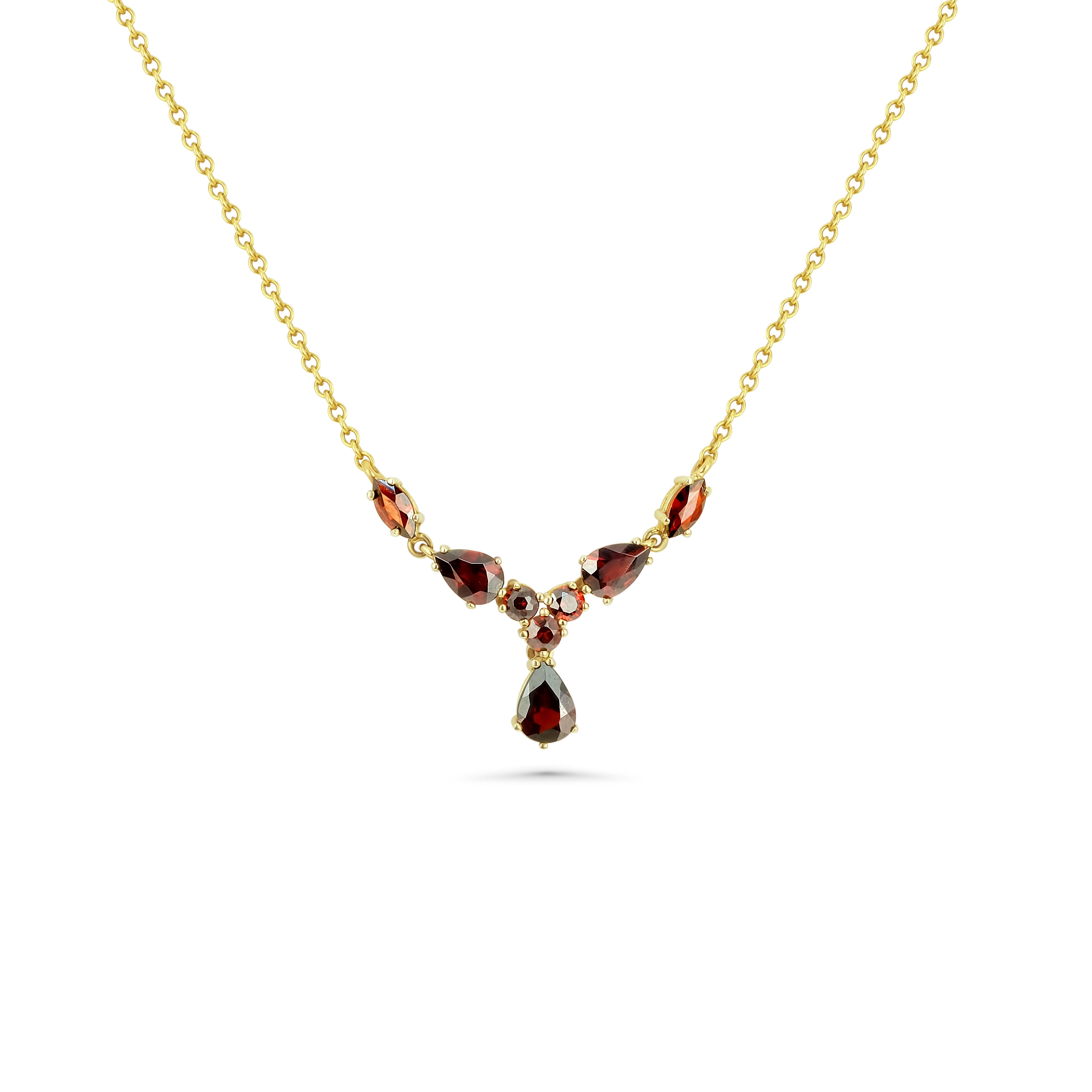 Böhmisches Granat Collier 585 Gelbgold 5 g mit 8 Granaten – Tropfen & Navette