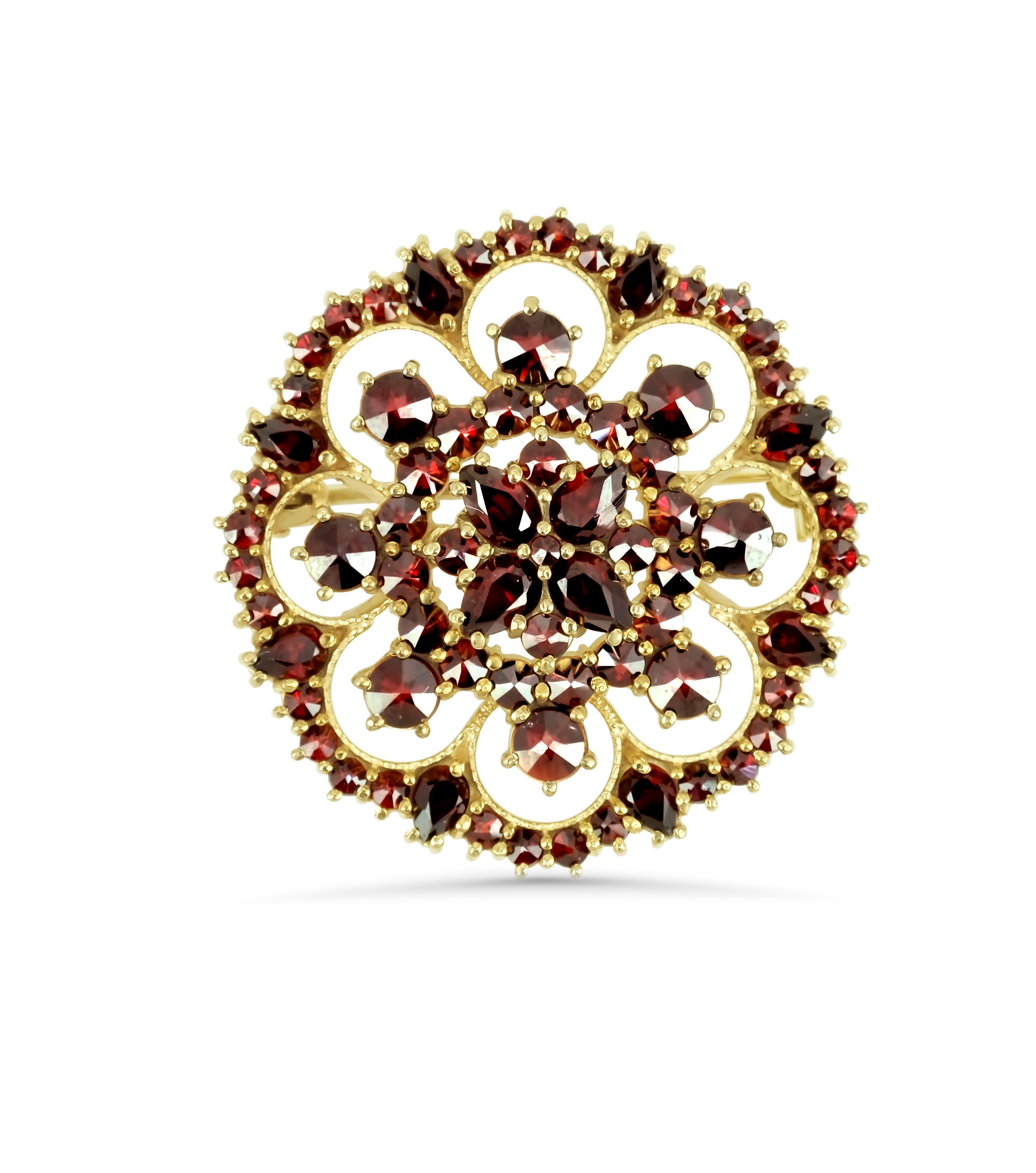 Böhmische Granat Brosche 375 Gelbgold 9,8 g mit 72 Granaten – rund Ø 31 mm