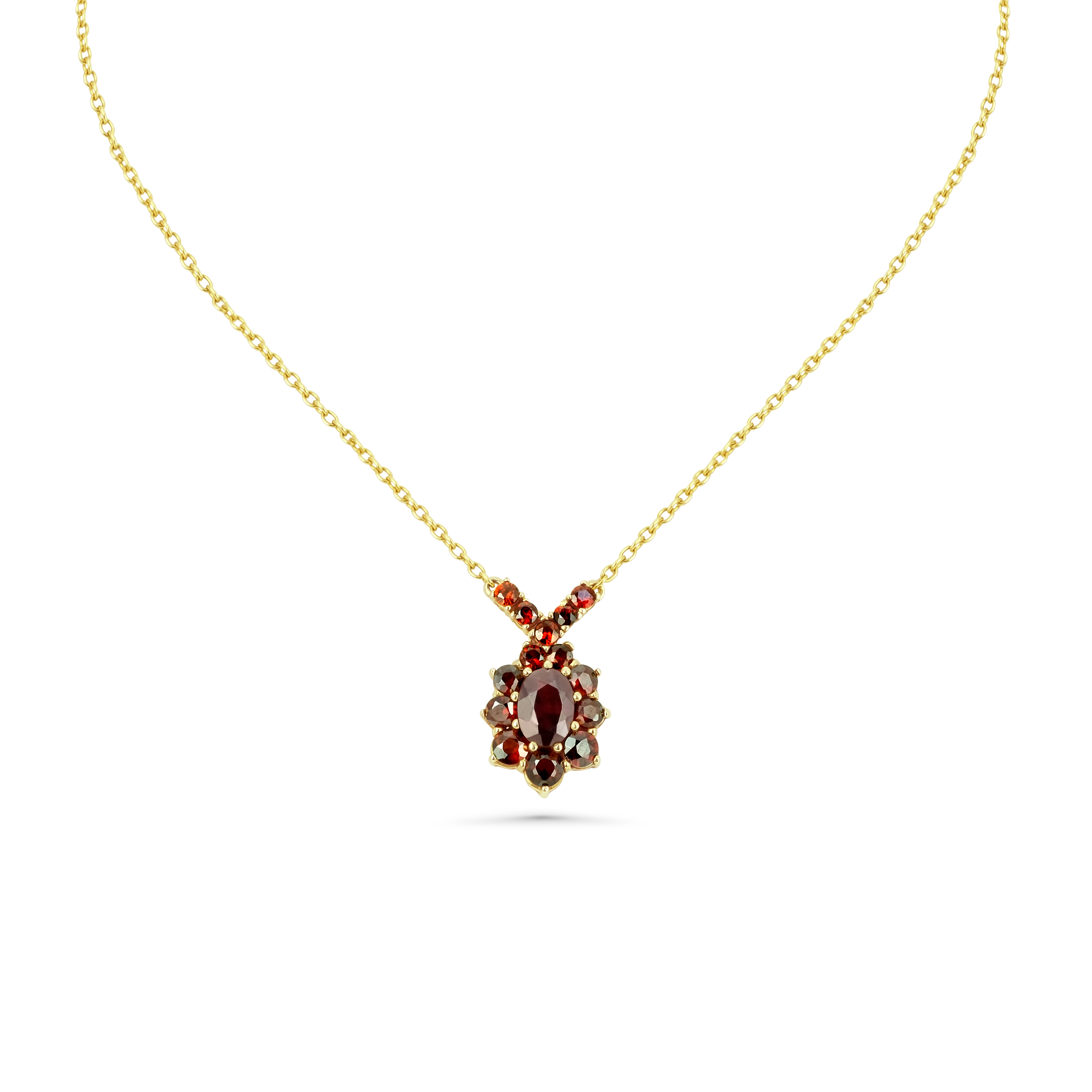 Böhmische Granat Kette mit Anhänger 585 Gelbgold 4,7 g mit 15 Granaten – V-Design