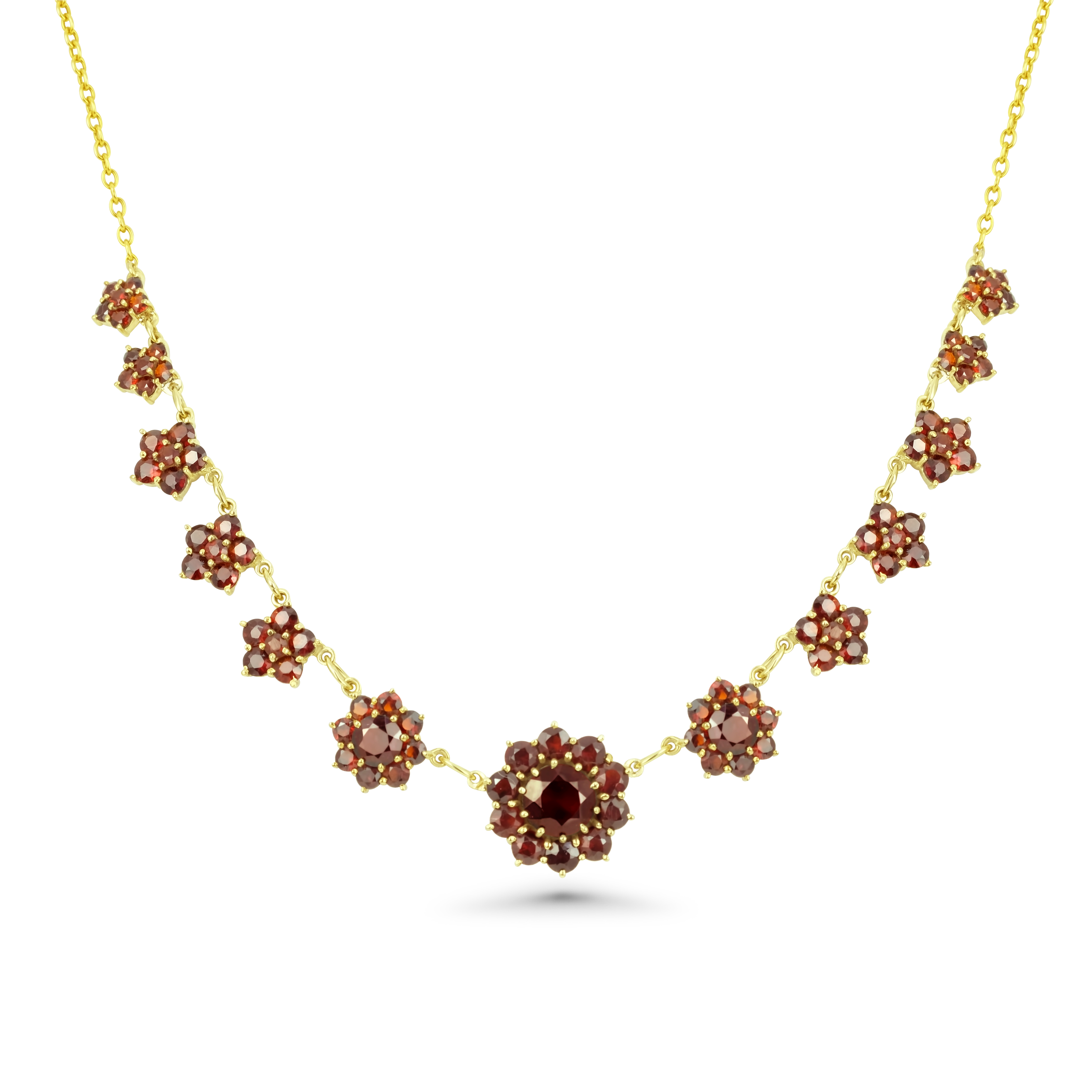 Böhmisches Granat Collier 585 Gelbgold 13,2 g mit 88 Granaten – 13 Granatblüten